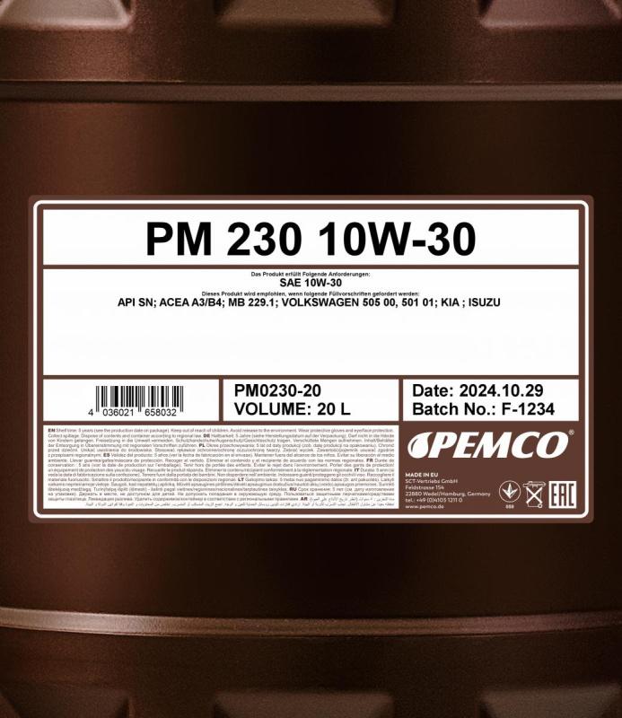 PEMCO 230 10W30 20 л. Полусинтетическое моторное масло 10W-30