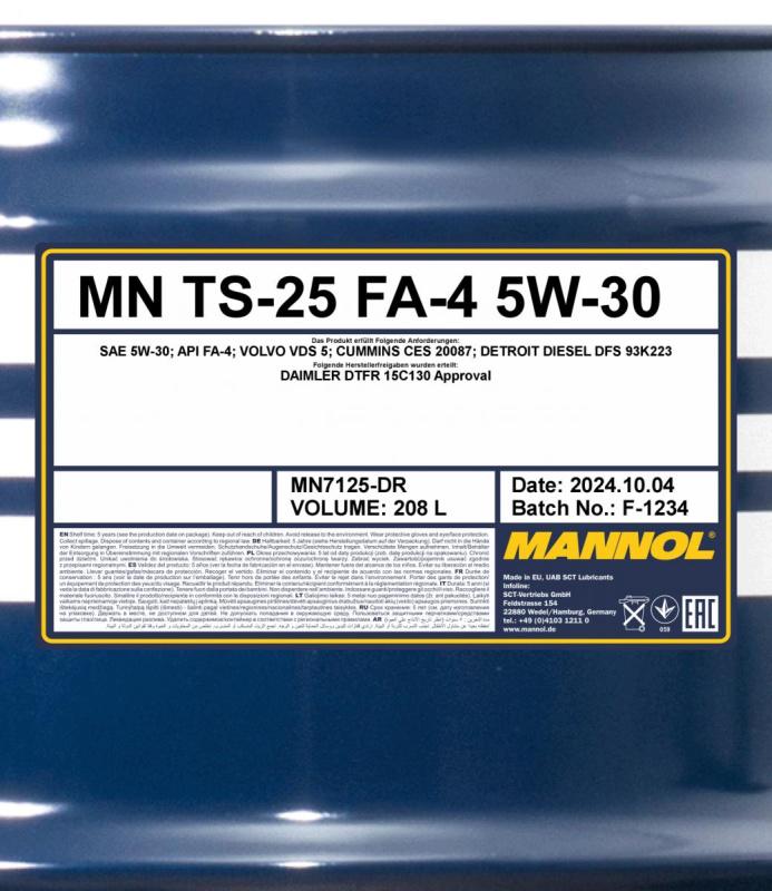 7125 MANNOL TS-25 FA-4 5W30 208 л. Синтетическое моторное масло 5W-30