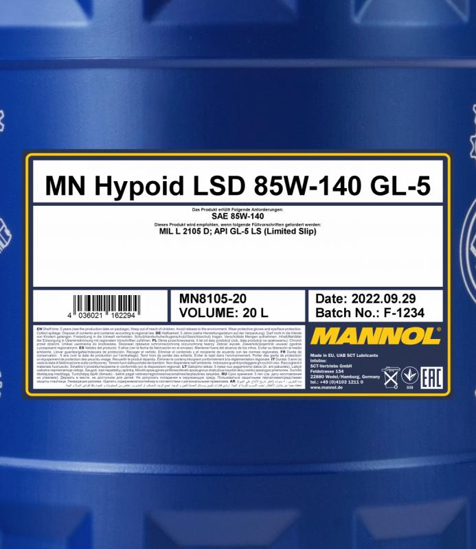 8105 MANNOL HYPOID LSD 85W140 20 л. Трансмиссионное масло 85W-140