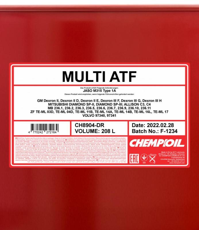 8904 CHEMPIOIL MULTI ATF 208 л. Синтетическое трансмиссионное масло для АКПП, ГУР