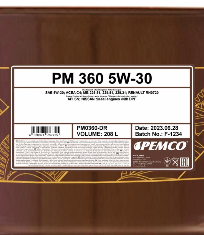 PEMCO 360 5W30 208 л. Синтетическое моторное масло 5W-30