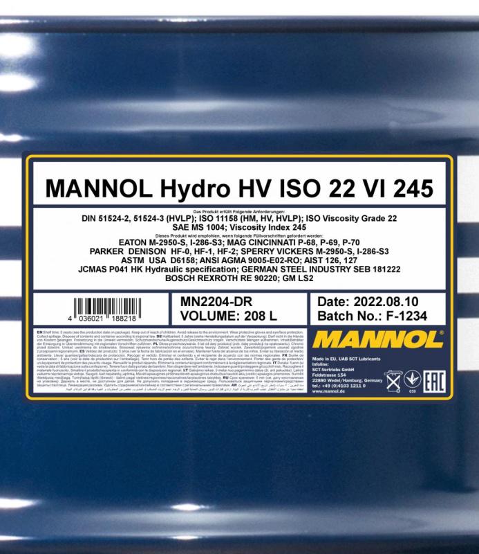 2204 MANNOL HYDRO HV ISO 22 208 л. Синтетическое гидравлическое масло