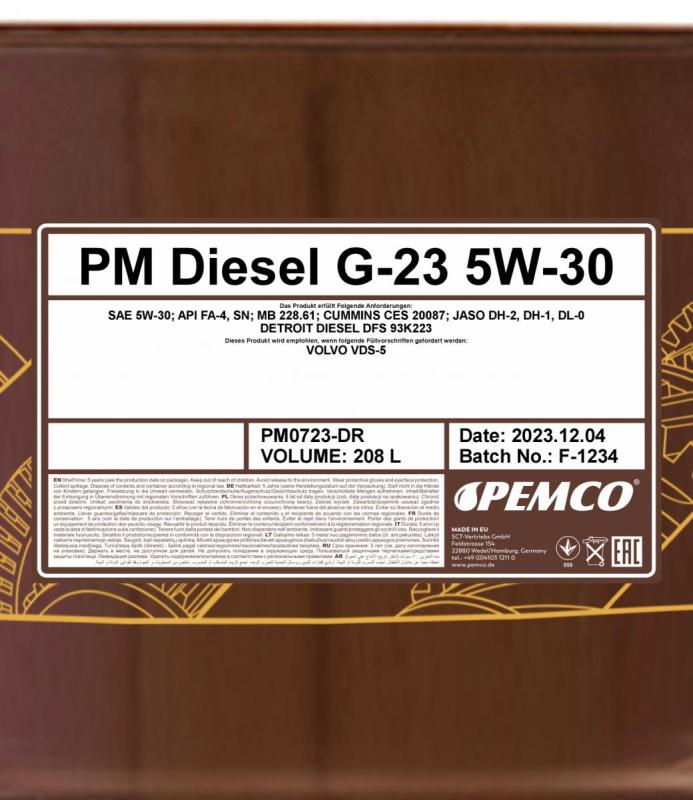 PEMCO G-23 DIESEL 5W30 208 л. Синтетическое моторное масло 5W-30