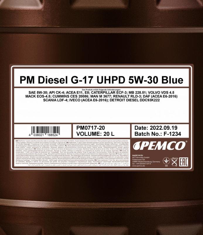 PEMCO G-17 DIESEL UHPD BLUE 5W30 20 л. Синтетическое моторное масло 5W-30