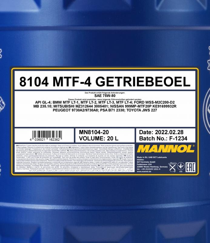 8104 MANNOL MTF-4 GETRIEBEOEL 75W80 20 л. Синтетическое трансмиссионное масло 75W-80