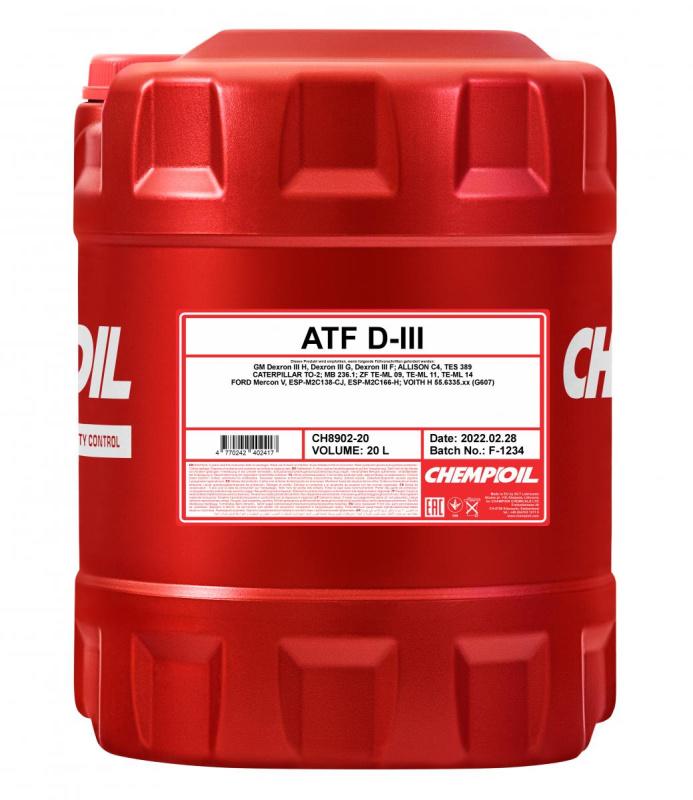 8902 CHEMPIOIL ATF D-III 20 л. Синтетическое масло для АКПП, ГУР 