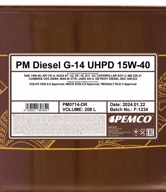 PEMCO G-14 DIESEL UHPD 15W40 208 л. Синтетическое моторное масло 15W-40