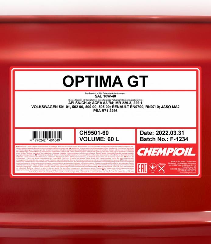 9501 CHEMPIOIL OPTIMA GT 10W40 60 л. Полусинтетическое моторное масло 10W-40