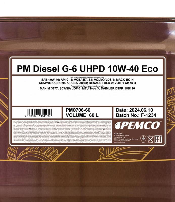 PEMCO DIESEL G-6 ECO UHPD 10W40 60 л. Синтетическое моторное масло 10W-40