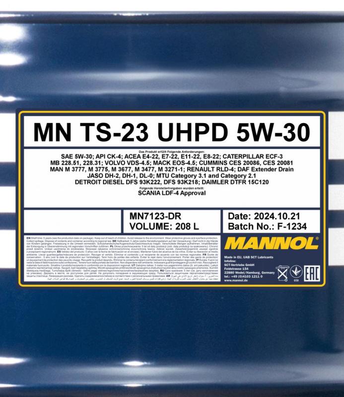 7123 MANNOL TS-23 UHPD 5W30 208 л. Синтетическое моторное масло 5W-30