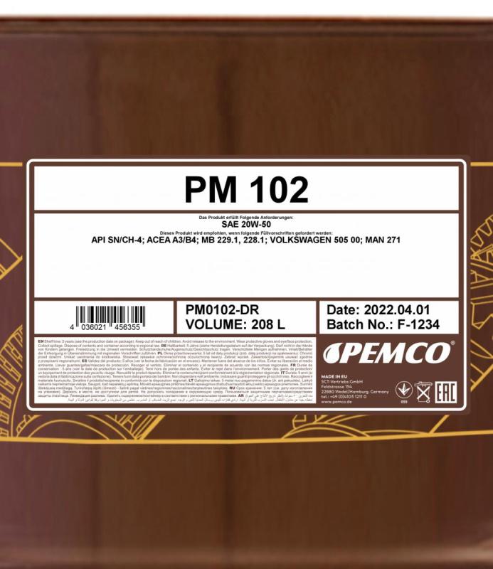 PEMCO 102 20W50 208 л. Синтетическое моторное масло 20W-50