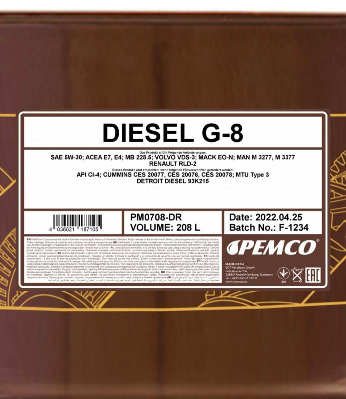 PEMCO G-8 DIESEL UHPD 5W30 208 л. Синтетическое моторное масло 5W-30