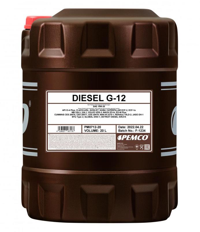 PEMCO G-12 DIESEL 10W30 20 л. Полусинтетическое моторное масло 10W-30