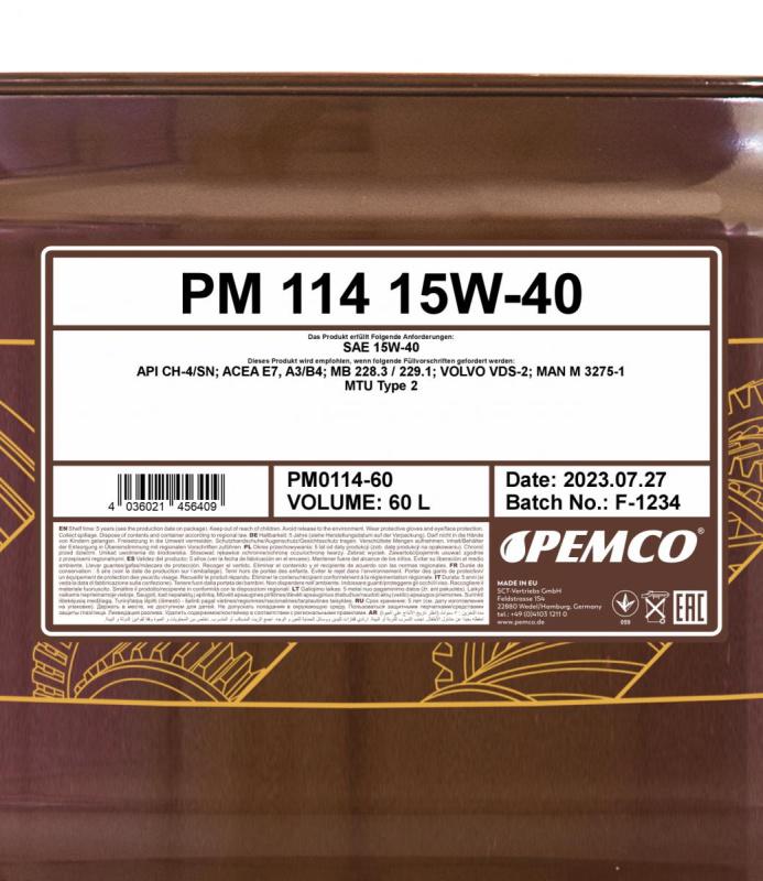 PEMCO 114 15W40 60 л. Минеральное моторное масло 15W-40