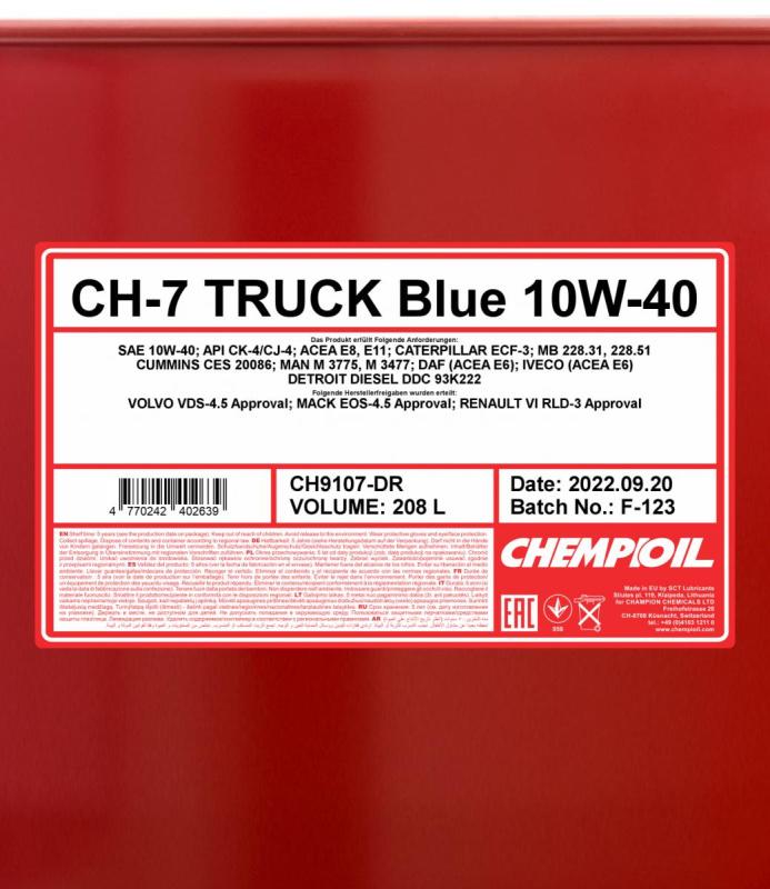 9107 CHEMPIOIL TRUCK BLUE UHPD CH-7 10W40 208 л. Синтетическое моторное масло 10W-40