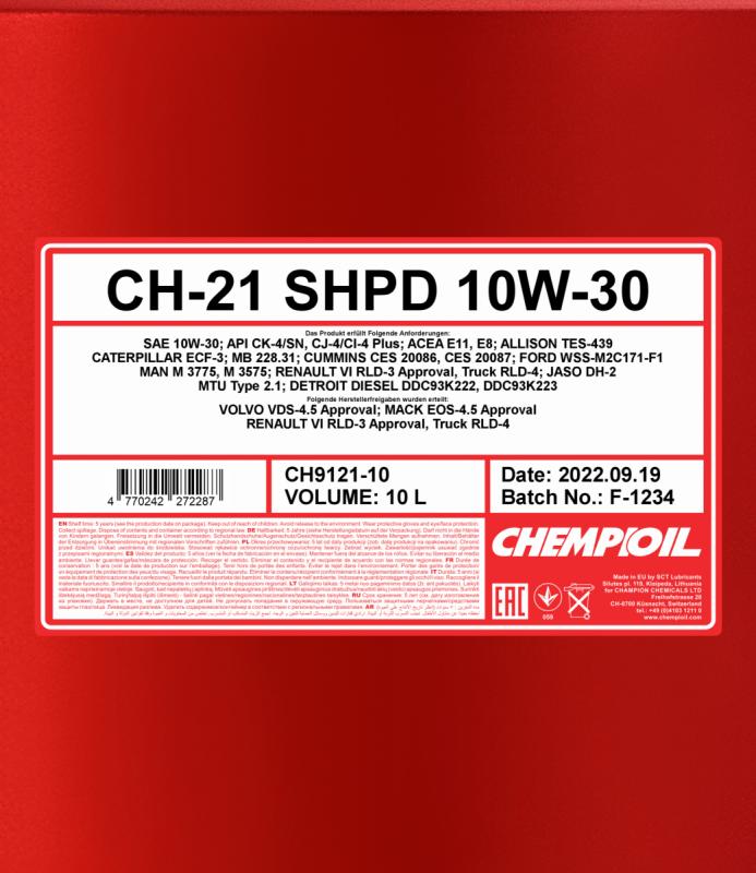 9121 CHEMPIOIL CH-21 SHPD 10W30 20 л. Cинтетическое моторное масло 10W-30