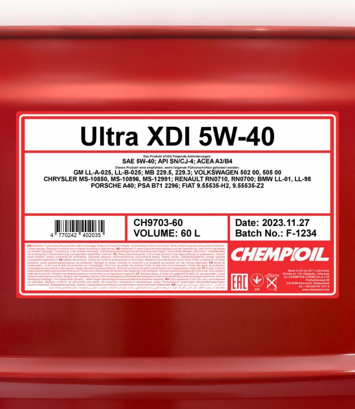 9703 CHEMPIOIL ULTRA XDI 5W40 60 л. Синтетическое моторное масло 5W-40