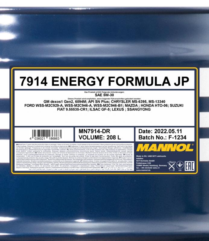 7914 MANNOL ENERGY FORMULA JP 5W30 208 л. Синтетическое моторное масло 5W-30