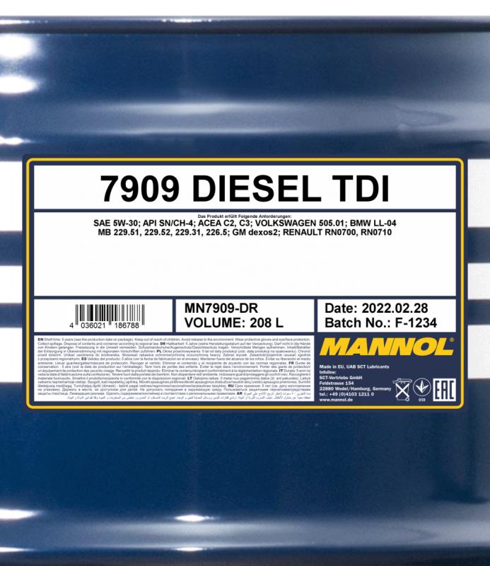 7909 MANNOL DIESEL TDI 5W30 208 л. Синтетическое моторное масло 5W-30