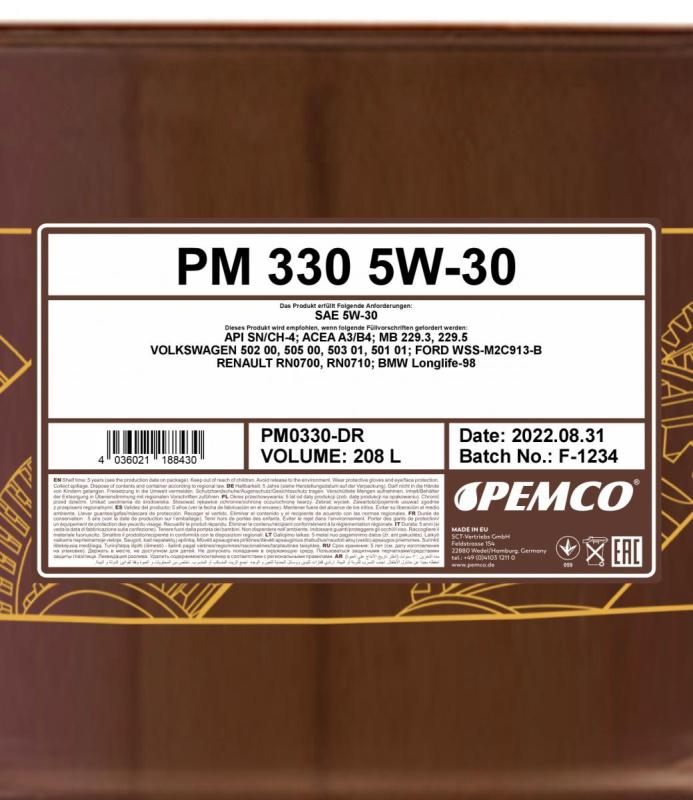 PEMCO 330 5W30 208 л. Синтетическое моторное масло 5W-30