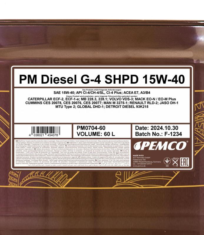 PEMCO DIESEL G-4 SHPD 15W40 60 л. Минеральное моторное масло 15W-40