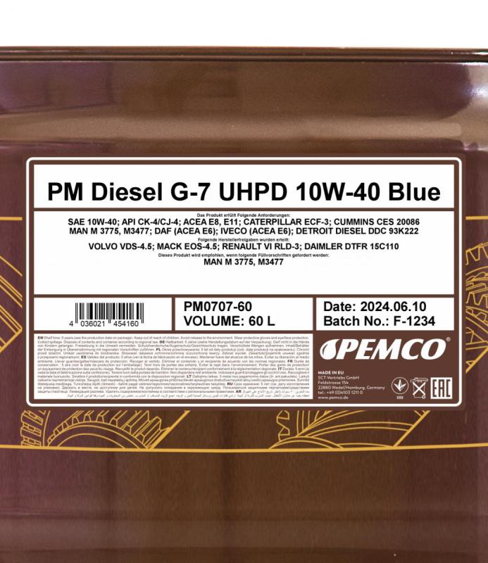 PEMCO DIESEL G-7 BLUE UHPD 10W40 60 л. Синтетическое моторное масло 10W-40