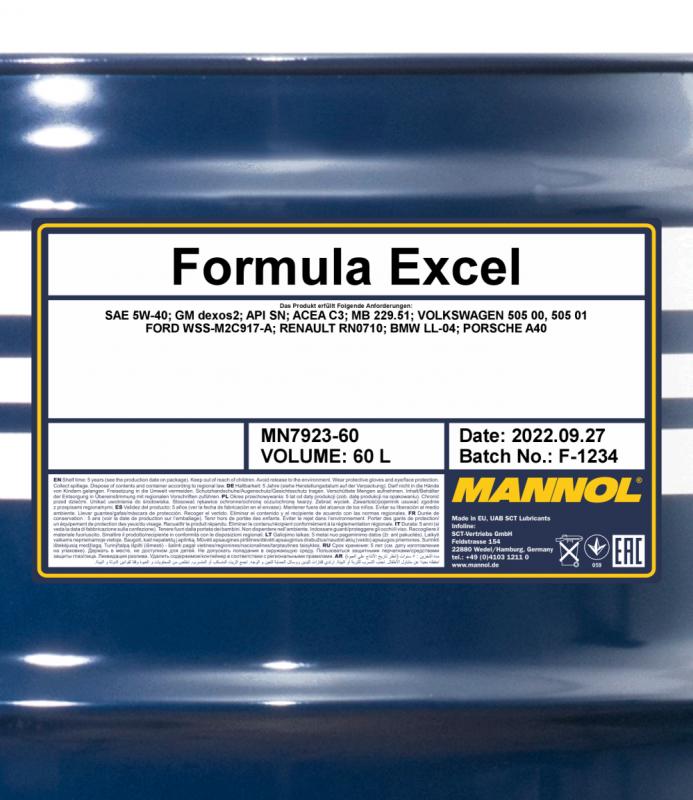 7923 MANNOL FORMULA EXCEL 5W40 60 л. Синтетическое моторное масло 5W-40