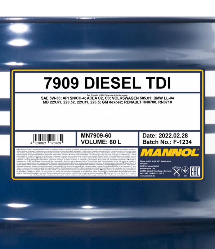 7909 MANNOL DIESEL TDI 5W30 60 л. Синтетическое моторное масло 5W-30