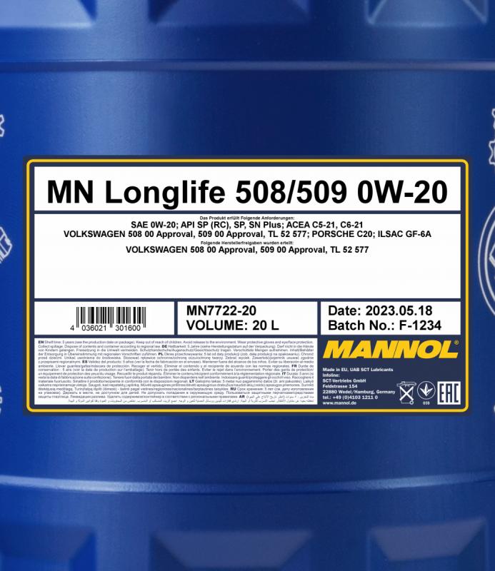7722 MANNOL LONGLIFE 508/509 0W20 20 л. Синтетическое моторное масло 0W-20 