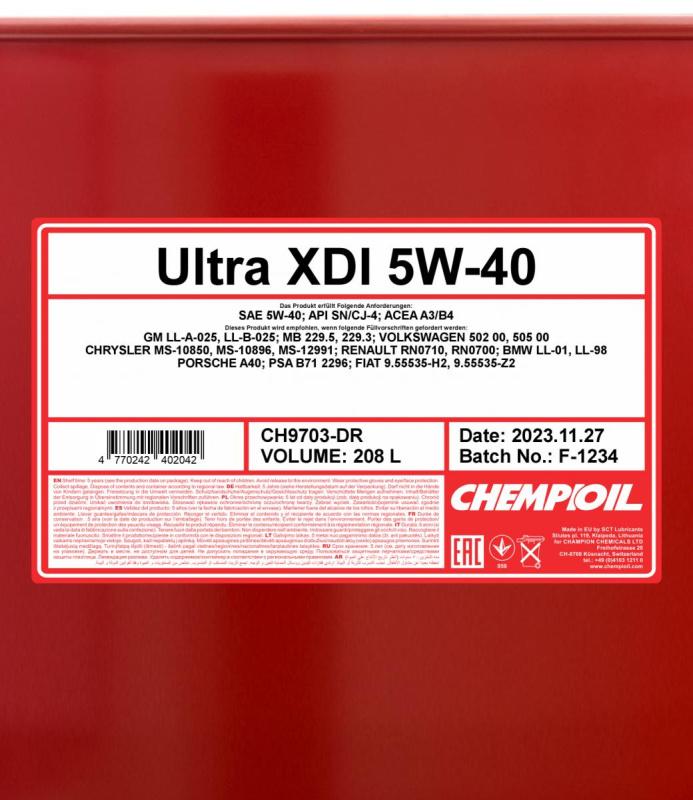 9703 CHEMPIOIL ULTRA XDI 5W40 208 л. Синтетическое моторное масло 5W-40