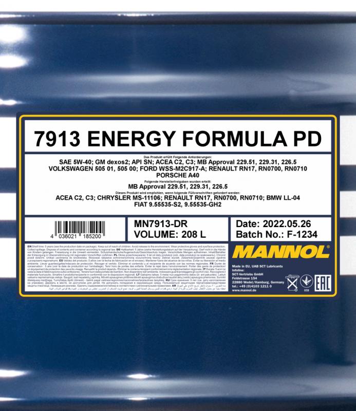 7913 MANNOL ENERGY FORMULA PD 5W40 208 л. Cинтетическое моторное масло 5W-40