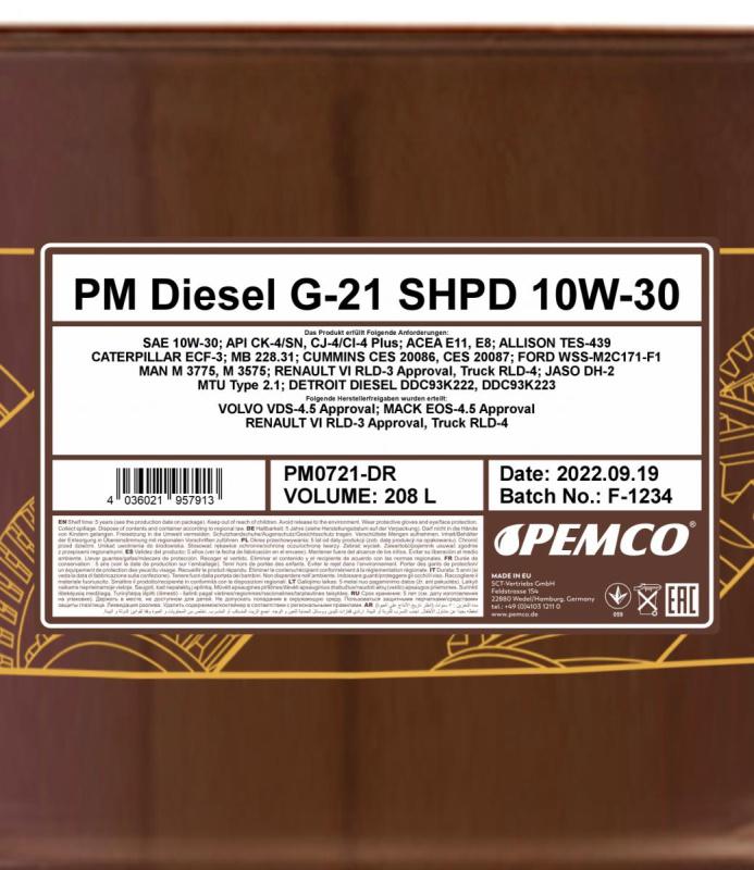 PEMCO G-21 DIESEL SHPD 10W30 208 л. Синтетическое моторное масло 10W-30