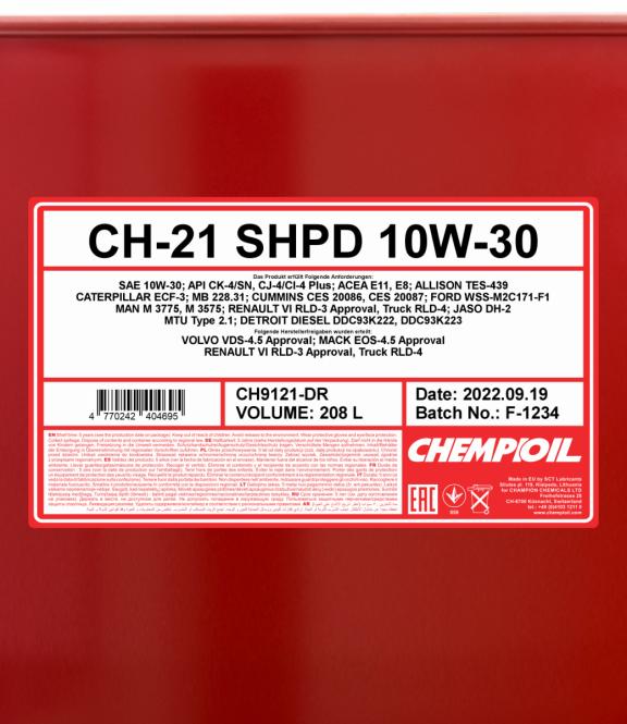 9121 CHEMPIOIL CH-21 SHPD 10W30 208 л. Синтетическое моторное масло 10W-30