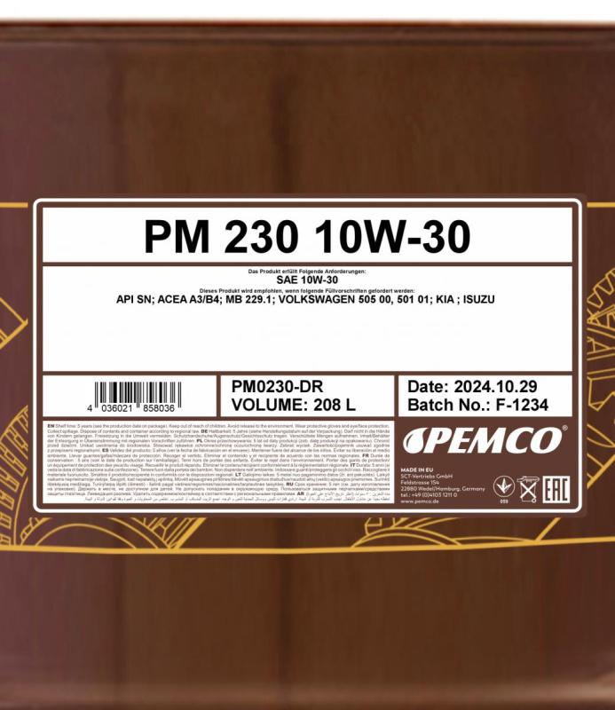 PEMCO 230 10W30 208 л. Полусинтетическое моторное масло 10W-30