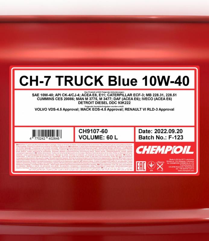 9107 CHEMPIOIL TRUCK BLUE UHPD CH-7 10W40 60 л. Синтетическое моторное масло 10W-40