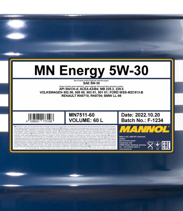 7511 MANNOL ENERGY 5W30 60 л. Синтетическое моторное масло 5W-30