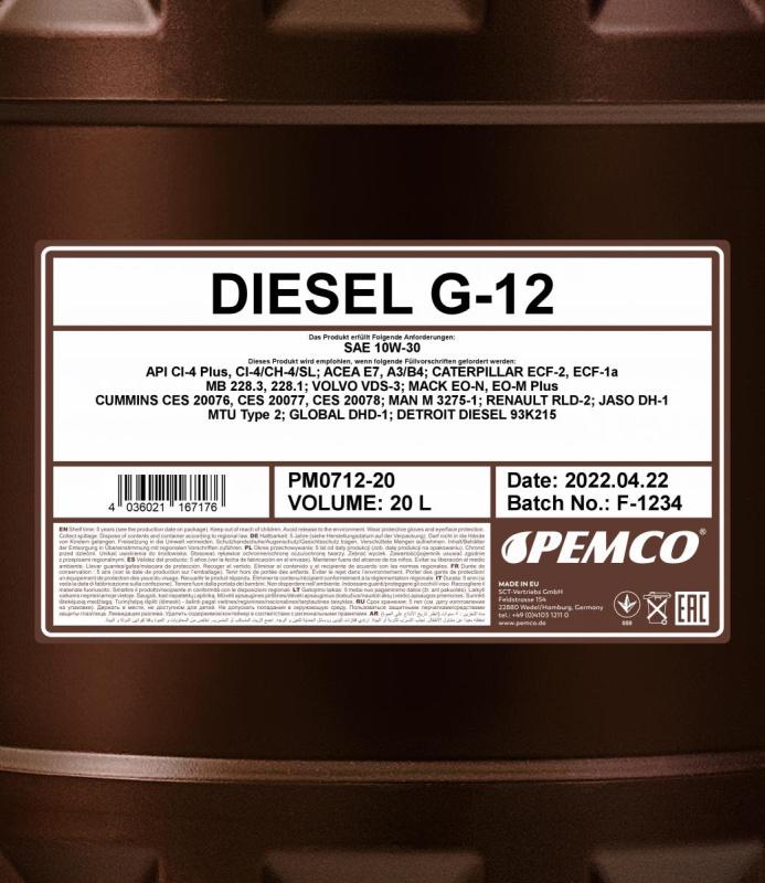 PEMCO G-12 DIESEL 10W30 20 л. Полусинтетическое моторное масло 10W-30