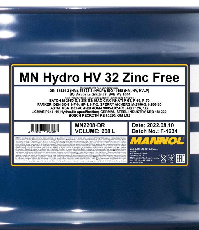 2208 MANNOL HYDRO HV 32 ZINC FREE 208 л. Минеральное гидравлическое масло