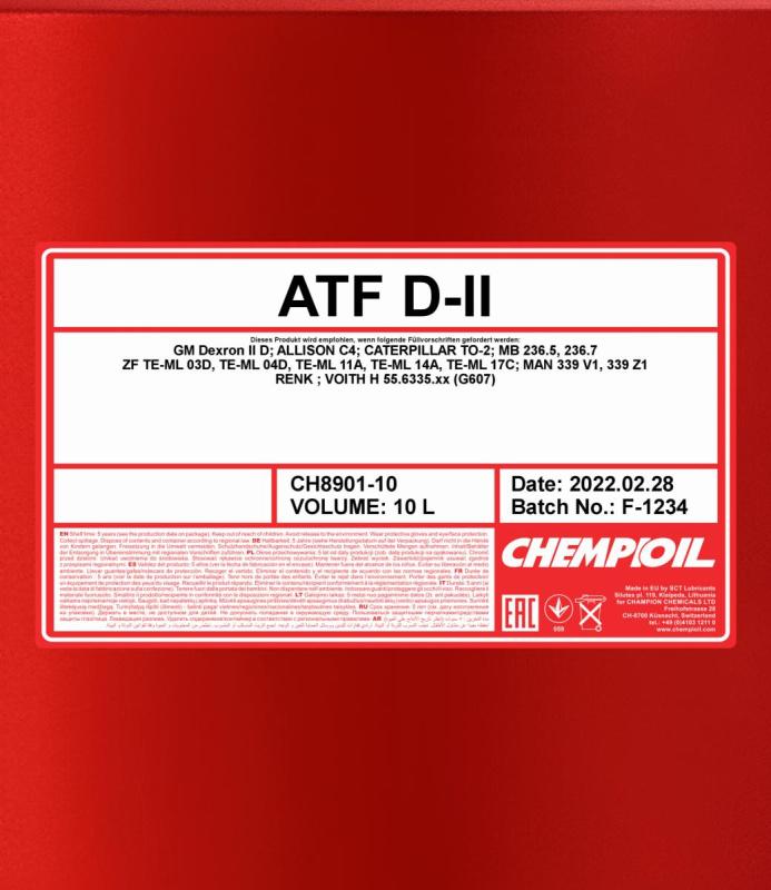 8901 CHEMPIOIL ATF D-II 10 л. Минеральное трансмиссионное масло для АКПП, ГУР