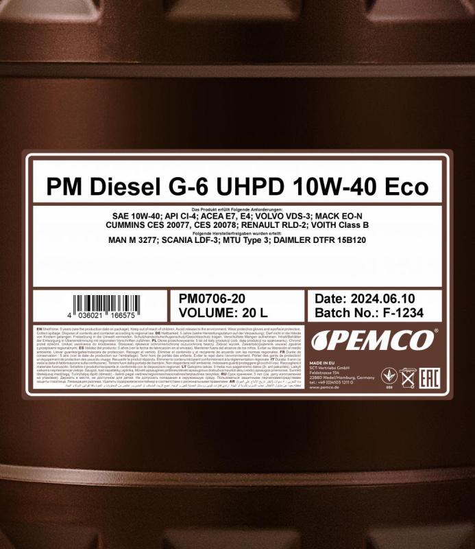 PEMCO DIESEL G-6 ECO UHPD 10W40 20 л. Синтетическое моторное масло 10W-40