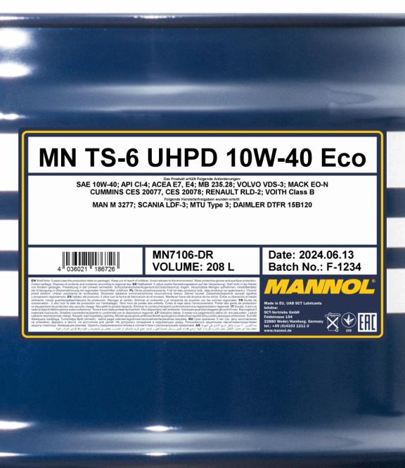 7106 MANNOL TS-6 UHPD ECO 10W40 208 л. Cинтетическое моторное масло 10W-40