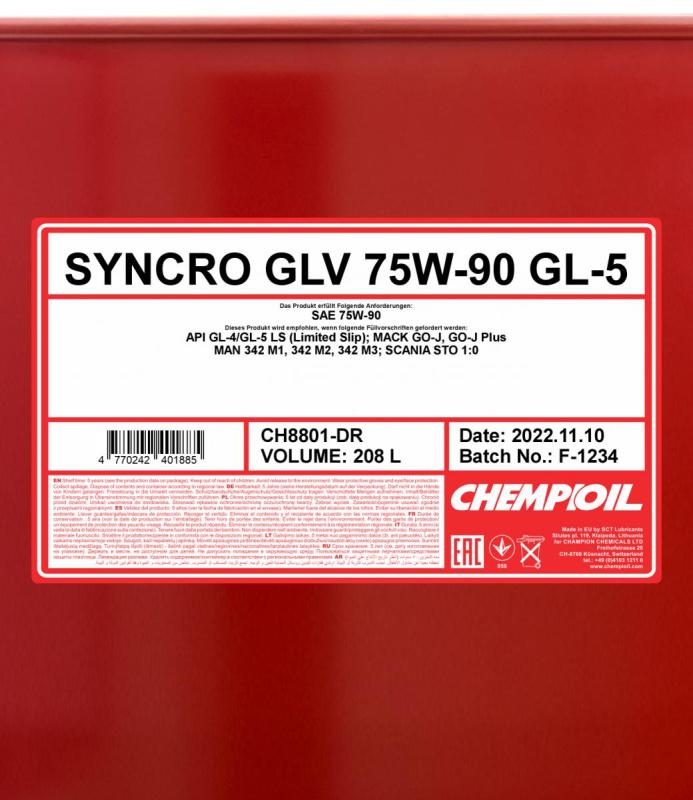 8801 CHEMPIOIL SYNCRO GLV 75W90 208 л. Синтетическое трансмиссионное масло 75W-90