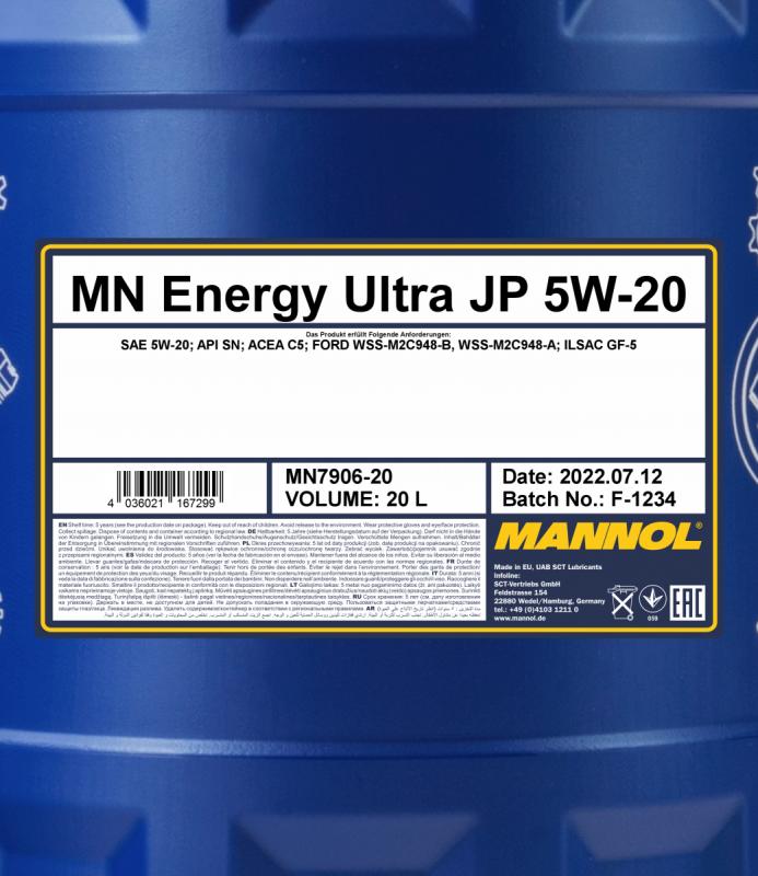7906 MANNOL ENERGY ULTRA JP 5W20 20 л. Синтетическое моторное масло 5W-20