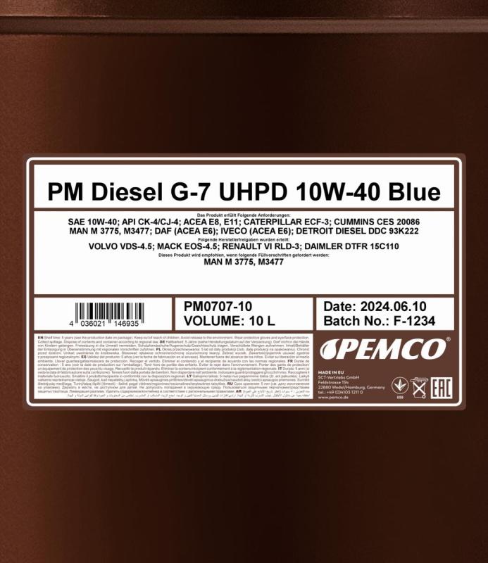 PEMCO DIESEL G-7 BLUE UHPD 10W40 10 л. Синтетическое моторное масло 10W-40