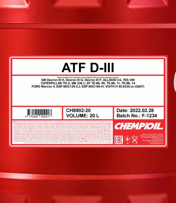 8902 CHEMPIOIL ATF D-III 20 л. Синтетическое масло для АКПП, ГУР 