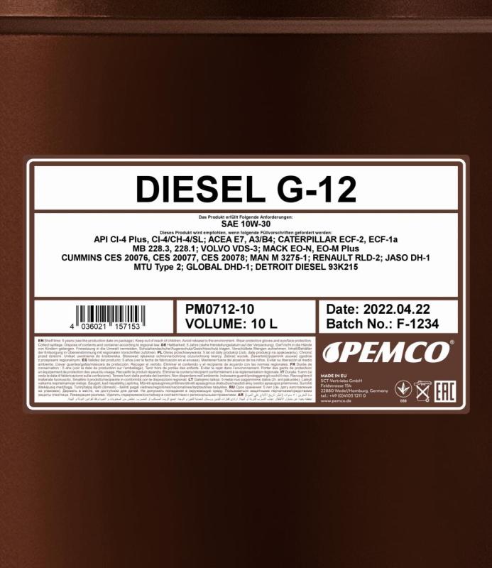 PEMCO G-12 DIESEL 10W30 10 л. Полусинтетическое моторное масло 10W-30