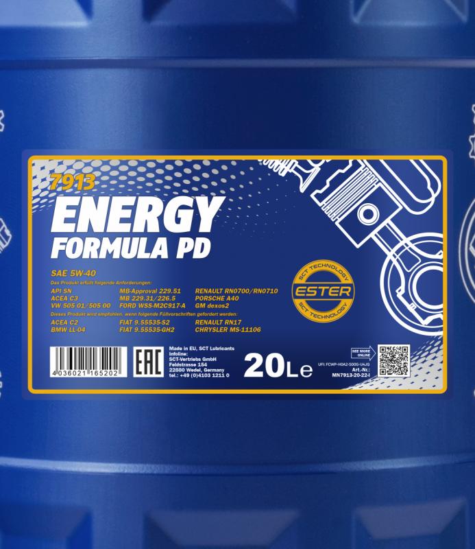 7913 MANNOL ENERGY FORMULA PD 5W40 20 л. Cинтетическое моторное масло 5W-40