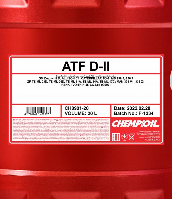 8901 CHEMPIOIL ATF D-II 20 л. Минеральное трансмиссионное масло для АКПП, ГУР