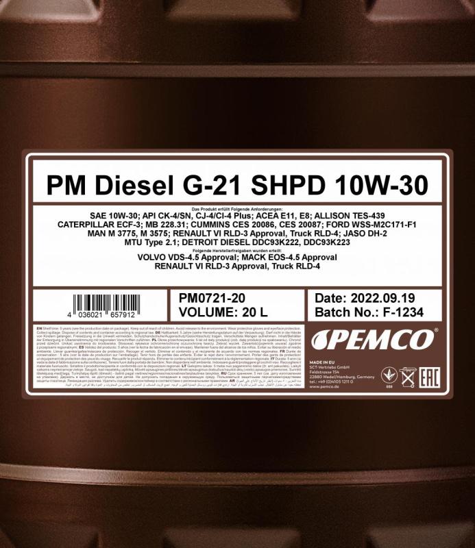 PEMCO G-21 DIESEL SHPD 10W30 20 л. Синтетическое моторное масло 10W-30