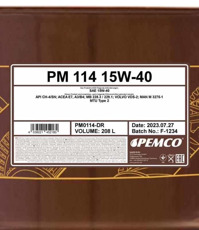 PEMCO 114 15W40 208 л. Минеральное моторное масло 15W-40